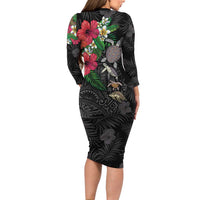 Hawaiian Tropical Plants and Turtles Long Sleeve Bodycon Dress Polynesian Art Motifs LT03 - Polynesian Pride