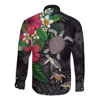 Hawaiian Tropical Plants and Turtles Long Sleeve Button Shirt Polynesian Art Motifs