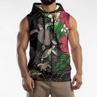 Hawaiian Tropical Plants and Turtles Sleeveless Hoodie Polynesian Art Motifs