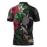 Hawaiian Tropical Plants and Turtles Zipper Polo Shirt Polynesian Art Motifs