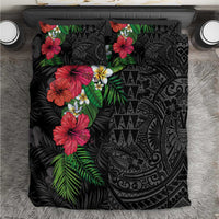 Hawaiian Tropical Plants Bedding Set Kakau Tattoo and Polynesian Pattern Half Black Color