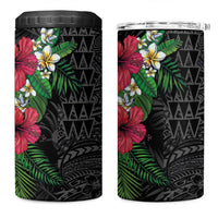Hawaiian Tropical Plants 4 in 1 Can Cooler Tumbler Kakau Tattoo and Polynesian Pattern Half Black Color