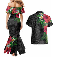 Hawaiian Tropical Plants Couples Matching Mermaid Dress and Hawaiian Shirt Kakau Tattoo and Polynesian Pattern Half Black Color LT03 - Polynesian Pride