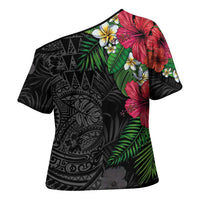 Hawaiian Tropical Plants Cross Shoulder Shirt Kakau Tattoo and Polynesian Pattern Half Black Color
