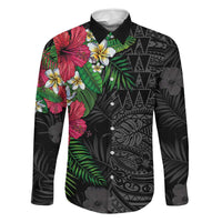 Hawaiian Tropical Plants Family Matching Off The Shoulder Long Sleeve Dress and Hawaiian Shirt Kakau Tattoo and Polynesian Pattern Half Black Color LT03 Dad's Shirt - Long Sleeve Black - Polynesian Pride