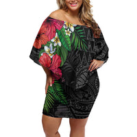 Hawaiian Tropical Plants Family Matching Off Shoulder Short Dress and Hawaiian Shirt Kakau Tattoo and Polynesian Pattern Half Black Color LT03 Mom's Dress Black - Polynesian Pride