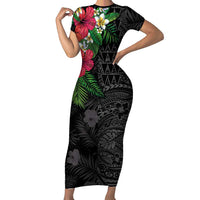 Hawaiian Tropical Plants Family Matching Short Sleeve Bodycon Dress and Hawaiian Shirt Kakau Tattoo and Polynesian Pattern Half Black Color LT03 Mom's Dress Black - Polynesian Pride