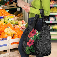 Hawaiian Tropical Plants Grocery Bag Kakau Tattoo and Polynesian Pattern Half Black Color