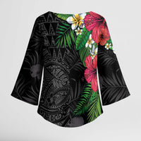 Hawaiian Tropical Plants Kimono Sleeve Blouse Kakau Tattoo and Polynesian Pattern Half Black Color