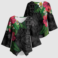 Hawaiian Tropical Plants Kimono Sleeve Blouse Kakau Tattoo and Polynesian Pattern Half Black Color