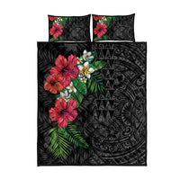 Hawaiian Tropical Plants Quilt Bed Set Kakau Tattoo and Polynesian Pattern Half Black Color