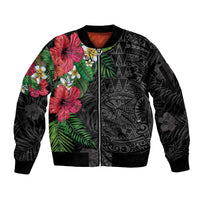 Hawaiian Tropical Plants Sleeve Zip Bomber Jacket Kakau Tattoo and Polynesian Pattern Half Black Color