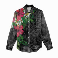 Hawaiian Tropical Plants Women Casual Shirt Kakau Tattoo and Polynesian Pattern Half Black Color