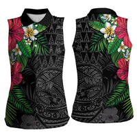 Hawaiian Tropical Plants Women Sleeveless Polo Shirt Kakau Tattoo and Polynesian Pattern Half Black Color LT03 - Polynesian Pride