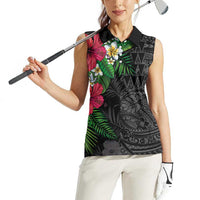 Hawaiian Tropical Plants Women Sleeveless Polo Shirt Kakau Tattoo and Polynesian Pattern Half Black Color LT03 - Polynesian Pride
