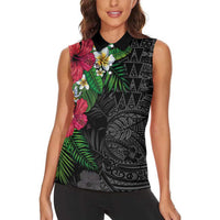 Hawaiian Tropical Plants Women Sleeveless Polo Shirt Kakau Tattoo and Polynesian Pattern Half Black Color LT03 - Polynesian Pride