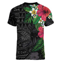 Hawaiian Tropical Plants Women V-Neck T-Shirt Kakau Tattoo and Polynesian Pattern Half Black Color LT03 - Polynesian Pride