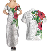 Hawaiian Tropical Plants Couples Matching Summer Maxi Dress and Hawaiian Shirt Kakau Tattoo and Polynesian Pattern Half White Color LT03 - Polynesian Pride