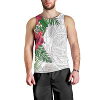 Hawaiian Tropical Plants Men Tank Top Kakau Tattoo and Polynesian Pattern Half White Color