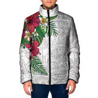 Hawaiian Tropical Plants Padded Jacket Kakau Tattoo and Polynesian Pattern Half White Color