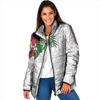 Hawaiian Tropical Plants Padded Jacket Kakau Tattoo and Polynesian Pattern Half White Color