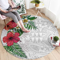 Hawaiian Tropical Plants Round Carpet Kakau Tattoo and Polynesian Pattern Half White Color