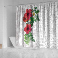 Hawaiian Tropical Plants Shower Curtain Kakau Tattoo and Polynesian Pattern Half White Color