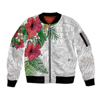 Hawaiian Tropical Plants Sleeve Zip Bomber Jacket Kakau Tattoo and Polynesian Pattern Half White Color