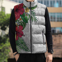 Hawaiian Tropical Plants Sleeveless Puffer Jacket Kakau Tattoo and Polynesian Pattern Half White Color