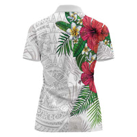 Hawaiian Tropical Plants Women Polo Shirt Kakau Tattoo and Polynesian Pattern Half White Color