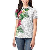 Hawaiian Tropical Plants Women Polo Shirt Kakau Tattoo and Polynesian Pattern Half White Color