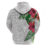 Hawaiian Tropical Plants Zip Hoodie Kakau Tattoo and Polynesian Pattern Half White Color