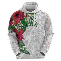 Hawaiian Tropical Plants Zip Hoodie Kakau Tattoo and Polynesian Pattern Half White Color