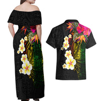 Hawaii Plumeria Couples Matching Off Shoulder Maxi Dress and Hawaiian Shirt Polynesian Tattoo and Hibiscus LT03 - Polynesian Pride