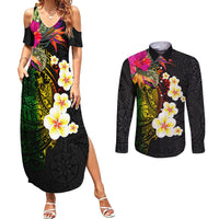 Hawaii Plumeria Couples Matching Summer Maxi Dress and Long Sleeve Button Shirt Polynesian Tattoo and Hibiscus