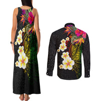 Hawaii Plumeria Couples Matching Tank Maxi Dress and Long Sleeve Button Shirt Polynesian Tattoo and Hibiscus