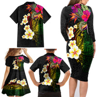 Hawaii Plumeria Family Matching Long Sleeve Bodycon Dress and Hawaiian Shirt Polynesian Tattoo and Hibiscus LT03 - Polynesian Pride