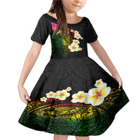 Hawaii Plumeria Family Matching Mermaid Dress and Hawaiian Shirt Polynesian Tattoo and Hibiscus LT03 Daughter's Dress Black - Polynesian Pride