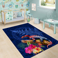 New Zealand Tuatara Area Rug Silver Fern Hibiscus and Tribal Maori Pattern Blue Color LT03 - Polynesian Pride