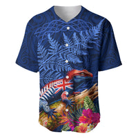 New Zealand Tuatara Baseball Jersey Silver Fern Hibiscus and Tribal Maori Pattern Blue Color LT03 Blue - Polynesian Pride