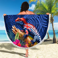 New Zealand Tuatara Beach Blanket Silver Fern Hibiscus and Tribal Maori Pattern Blue Color LT03 - Polynesian Pride
