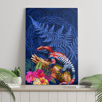 New Zealand Tuatara Canvas Wall Art Silver Fern Hibiscus and Tribal Maori Pattern Blue Color LT03 - Polynesian Pride