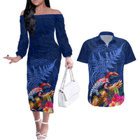 New Zealand Tuatara Couples Matching Off The Shoulder Long Sleeve Dress and Hawaiian Shirt Silver Fern Hibiscus and Tribal Maori Pattern Blue Color LT03 Blue - Polynesian Pride