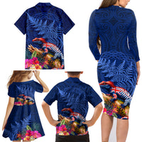 New Zealand Tuatara Family Matching Long Sleeve Bodycon Dress and Hawaiian Shirt Silver Fern Hibiscus and Tribal Maori Pattern Blue Color LT03 - Polynesian Pride
