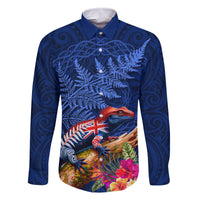 New Zealand Tuatara Family Matching Long Sleeve Bodycon Dress and Hawaiian Shirt Silver Fern Hibiscus and Tribal Maori Pattern Blue Color LT03 Dad's Shirt - Long Sleeve Blue - Polynesian Pride