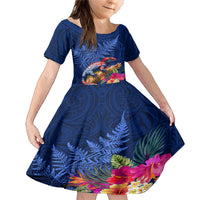 New Zealand Tuatara Family Matching Mermaid Dress and Hawaiian Shirt Silver Fern Hibiscus and Tribal Maori Pattern Blue Color LT03 Daughter's Dress Blue - Polynesian Pride