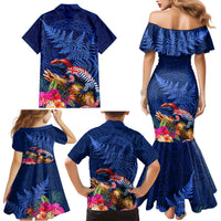 New Zealand Tuatara Family Matching Mermaid Dress and Hawaiian Shirt Silver Fern Hibiscus and Tribal Maori Pattern Blue Color LT03 - Polynesian Pride