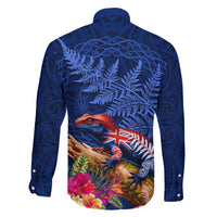 New Zealand Tuatara Family Matching Off The Shoulder Long Sleeve Dress and Hawaiian Shirt Silver Fern Hibiscus and Tribal Maori Pattern Blue Color LT03 - Polynesian Pride