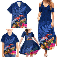 New Zealand Tuatara Family Matching Summer Maxi Dress and Hawaiian Shirt Silver Fern Hibiscus and Tribal Maori Pattern Blue Color LT03 - Polynesian Pride