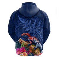 New Zealand Tuatara Hoodie Silver Fern Hibiscus and Tribal Maori Pattern Blue Color LT03 - Polynesian Pride